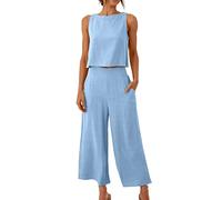 Traje de 2 piezas para mujer, elegante traje de verano, camiseta sin mangas y pantalones, chándal de lino de algodón con bolsillos, conjunto de lino para verano, 05 azul cielo, L