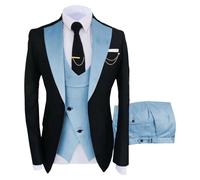 Traje de 3 piezas para hombre, ajustado, para padrinos de boda, fiesta, graduación, cena, chaqueta con solapa con muescas, chaleco y pantalones, azul claro, L