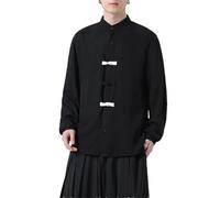 Traje de algodón y lino para hombre, vintage, cómodo, transpirable, manga larga, estilo chino, estilo tradicional, Negro, XXL