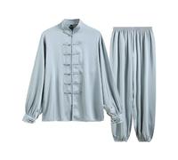 Traje De Artes Marciales Traje de Tai Chi de seda de hielo de verano, uniforme de Tai Chi, ropa de ejercicio de Wushu de manga larga, ropa tradicional(Grey,XXL)