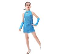 Traje de Baile con Flecos de Lentejuelas para Niñas, Conjunto de Baile Latino para Niños Salsa Rumba, Brillantes Minivestido Flecos de Baile Sin Mangas con Pantalón Corto Cómodo