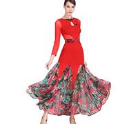 Traje De Baile Latino con Empalme De Malla Vestidos De Baile De Salón Estampados para Mujer Ropa De Baile Flamenco para Vals Vestido De Salsa,Rojo,L