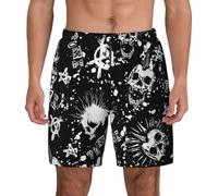 Traje de baño 2 en 1 con diseño de calavera punk blanca para hombre, traje de baño de secado rápido con forro de compresión y bolsillos, Negro -, S grandes
