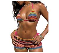 Traje De Baño 3 Piezas A Rayas Boho for Mujer Conjunto Bikini Tanga Halter Triangular con Pantalones Cortos Multicolor Pequeño(S)