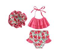 Traje de Baño Bebé Niña Bañador de Recién Nacida 6 Meses - 4 Años 3 Piezas Conjunto Ropa Baño de Chica Top Camisola de Volantes + Sombrero + Braguitas Playa Mar Piscina (Rojo, 18-24 Months)