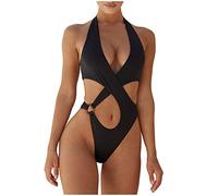Traje de baño Bikini para mujer, traje de baño dividido para mujer, traje de baño de una pieza, espalda descubierta, color liso, traje de baño monokini, traje de baño bikini de playa, Negro , M