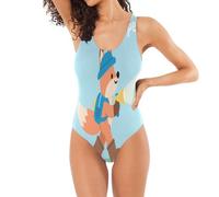 Traje de baño clásico de una pieza para mujer, color negro metálico, en forma de U, espalda y control de abdomen, Cartoon Fox Blue, XL