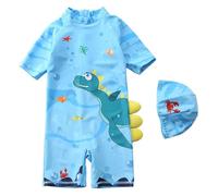 Traje de baño con capucha para niños para playa, piscina y uso de temporada, estampado de playa de dibujos animados, forma de una pieza con capucha adjunta, parte superior de viaje ligera para viajes