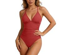 Traje de baño con tirantes finos ajustables y cuello en V para mujer - elegante mono con estampado moderno ideal para el día a día de vacaciones, rojo, XXL