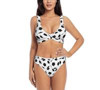 Traje de baño de 2 piezas con diseño de balón de fútbol blanco y negro para mujer, con parte superior de natación y copa suave, elegante conjunto de playa, Negro, XL