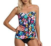 Traje de baño de 2 piezas para mujer, conjunto de bikini con top diadema sin tirantes con estampado floral, bajo tipo braga a juego, traje de playa piscina, ropa de natación sin texto, #01-azul marino