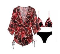 Traje de baño de 2 piezas para mujer, conjunto de bikini elegante, coastal Vibe Three Piece Swimwear with Long Sleeve Cover Up for Fashionable Resort Print Tankini Set, rojo, S