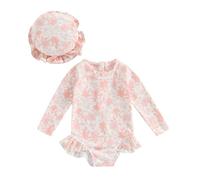Traje de baño de bebé niña anti-UV traje de natación con volantes manga larga impreso arco iris para piscina playa deporte vacaciones Swimwear, rosa claro, 18-24 mois