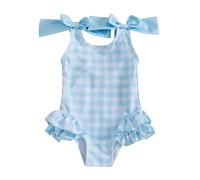Traje de baño de bebé niña de una pieza de verano con tirantes con cordones, traje de natación sin mangas con volantes estampado cuadrado, azul, 12-18 Meses
