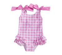 Traje de baño de bebé niña de una pieza de verano con tirantes con cordones, traje de natación sin mangas con volantes estampado cuadrado, rosa, 18-24 Meses