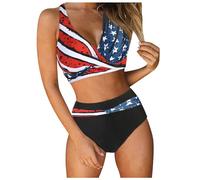Traje De BañO De Dos Pieza BañAdores,Bikini De Talle con Estampado De Bandera para Mujer Push Up Sexy Traje De BañO Conjunto De Bikini con Estampado De Cintura Alta Fruncido Retro De Dos Piezas