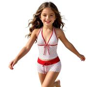 Traje de baño de dos piezas con cintas delanteras con tirantes elegantes de bikini con estampado de lunares alegres, días soleados, aventuras en la playa, ropa de ocio de verano, Blanco, 9-10 años
