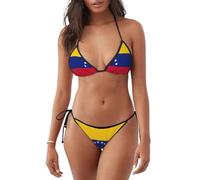 Traje de baño de dos piezas con estampado de bandera de Venezuela para mujer, traje de baño sexy con triángulo, conjunto de traje de baño, Negro -, S