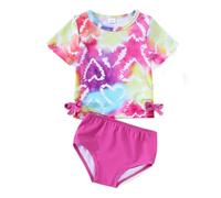 Traje de baño de dos piezas para niña con top de manga corta con estampado de corazones tie-Dye y bajo triángulo de nudo, rojo, 4-5 Años