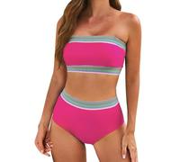 Traje de baño de dos piezas sin tirantes para mujer, tallas del Reino Unido, conjunto de bikini de cintura alta, estampado hawaiano bohemio y colores sólidos, traje de baño modesto para mujer (rosa