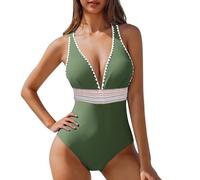 Traje de baño de mujer de 1 piezas con cuello en V y colores contrastados con cinturón elástico para un estilo de moda sexy y ganador en las fiestas al borde del agua, ejército verde, XXL