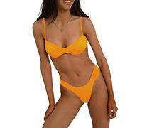 Traje de baño de Mujer Sexy Push Up Traje de baño de Dos Piezas Bikini Bandage Traje de baño Monokini Push Up Sin Mangas Plisado Sujetador+Tanga Traje de baño (Orange, L)