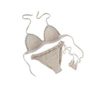 Traje De Baño De Punto Hecho A Mano Casual Verano Push Up Crochet Bikini Set Traje De Baño De Dos Piezas Sexy Backless Moda con Cuello En V Ropa De Playa,Caqui,L