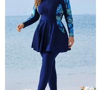 Traje de baño de talla grande estilo de cobertura total, estampado de plantas azul , larga y pantalones, ropa de baño de vacaciones