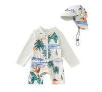 Traje de baño de una Pieza con Cremallera y protección contra erupciones para bebés y niños pequeños con Sombrero para el Sol (Beige, 18-24 Months)
