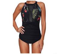 Traje de baño de una pieza con estampado floral para mujer, con detalle de malla, ajuste regular, para vacaciones, club, primavera, verano, otoño, invierno, talla M-XXXXL (hoja M)
