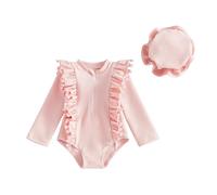 Traje de Baño de Una Pieza para Bebés Niñas, Enterizo de Manga Larga con Volantes y Gorra, Conjunto Rash Guard para Niños Pequeños, Ropa de Natación Protectora
