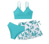 Traje de baño de verano para adolescentes, conjunto de bikini de 3 piezas, camisetas y medias de tanga con falda ropa impresa volantes adolescente para natación piscina playa vacaciones, Mint Green