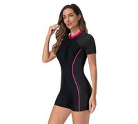 Traje de baño deportivo una pieza for mujer, mangas cortas, almohadillas for el pecho, cremallera en la pierna, traje modesto con protección contra sarpullido para surfear en el océano(Color 10,L)