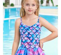 Traje de baño estilo vestido para niña, 1 pieza, bikini con de pez en 3D, de para termales con cuello halter, lindo traje de baño de princesa para piscina para niñas de talla a grande