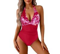 Traje De Baño Familiar Bañadores Una Pieza Trajes De Baño para Mujer Trajes con En La Espalda Adelgazantes con Cuello En V Mujer Alta Bañador Reductor (Red, L)