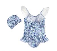 Traje de baño francés de una pieza con estampado floral para niñas, estilo princesa con volantes decorativos, azul claro, 2-3 Años