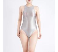 Traje de baño japonés de satén para mujer, traje de baño brillante brillante sedoso y transparente de aspecto húmedo para vacaciones, fiestas, club (XL, plateado)