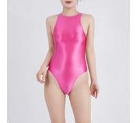 Traje de baño japonés de satén para mujer, traje de baño brillante brillante sedoso y transparente de aspecto húmedo para vacaciones, fiesta, club (XL rosa brillante)