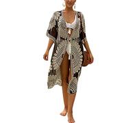 Traje de baño Largo para Mujer Cárdigan de Playa con Kimono de Crochet Floral Transparente de Media Manga (Black Beige, One Size)