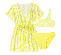 Traje de baño Manga Larga para niña con Capa Protectora Conjunto Playa Verano Piezas Estampado Floral más Chaqueta Exterior Adecuado Nadar Edades 8-13 años combina Gafas Sol (Yellow, 12-13 Years)