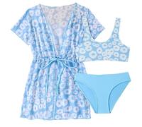 Traje de baño Manga Larga para niña con Capa Protectora Conjunto Playa Verano Piezas Estampado Floral más Chaqueta Exterior Adecuado Nadar Edades 8-13 años combina Gafas Sol (Sky Blue, 9-10 Years)