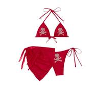 Traje De Baño Metálico 3 Piezas con Corbata Halter Triangular Diamantes Imitación Calavera for Mujer Y Falda Cruzada Negro S(Red Solid,XS)