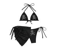 Traje De Baño Metálico 3 Piezas con Corbata Halter Y Triángulo Diamantes Imitación Calavera for Mujer Falda Cruzada, Color Rojo Sólido, XL(Black,XXL)
