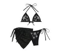 Traje De Baño Metálico 3 Piezas con Corbata Halter Y Triángulo Diamantes Imitación Calavera for Mujer Falda Cruzada, Color Rojo Sólido, XL(Black Star,X-Large)