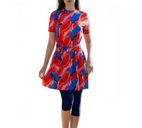 Traje de baño Modesto de Dos Piezas para Mujeres Musulmanas Burkini con túnica Cruzada de Manga Corta con Estampado Tropical y Pantalones Capri Traje de baño islámico de Cobertura Total