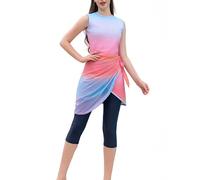 Traje de baño Modesto de Dos Piezas para Mujeres Musulmanas Burkini con túnica Cruzada de Manga Corta con Estampado Tropical y Pantalones Capri Traje de baño islámico de Cobertura Total