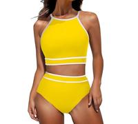 Traje De BañO Mujer 2 Piezas Bikini Parte Arriba Conjunto de Bikini 2 Piezas para Mujer, Traje baño Deportivo Cuello Alto y Cintura Alta para Verano Bikinis Mujer 2026 Push up (Yellow, XL)