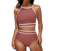 Traje De BañO Mujer 2 Piezas Bikini Parte Arriba Conjunto de Bikini 2 Piezas para Mujer, Traje baño Deportivo Cuello Alto y Cintura Alta para Verano Bikinis Mujer 2026 Push up (Brown, M)