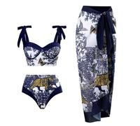 Traje De BañO Mujer 2 Piezas Bikini Parte Arriba Verano Playa Junto al mar Conservador Sombreado del Vientre Sin Espalda Sexy Tamaño Grande Impresión Retro Bikinis Mujer 2026 Push up Bikini (Blue, S)