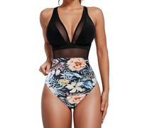 Traje De Baño Mujer Alta Bañador Natacion Women Summer Beach Fashion Split Flower Print Large Fashion Split Swimsuit Bañador Vientre Plano Tankini De Baño Mujer (Black, M)